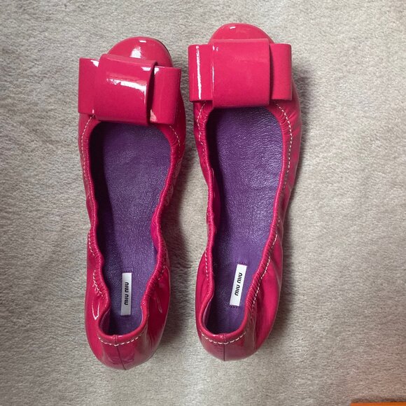 NEW Miu Miu Hot Pink Patent Leather Bow Ballet Flats Bows 39 EU / 8 US - Picture 2 of 7